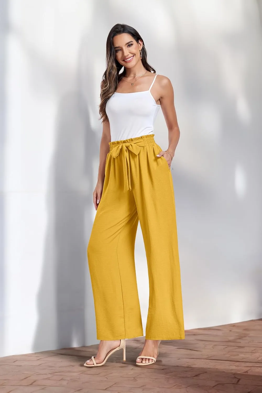 Womens Wide Leg Pants High Waist Flowy Adjustable Knot Loose Trousers Casuals Lounge Business Pants with Pockets