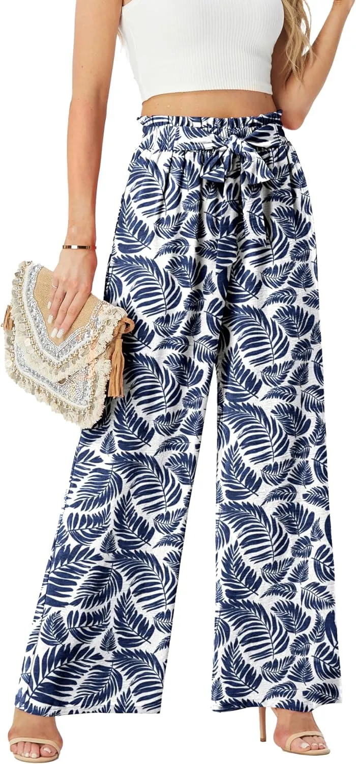 Womens Wide Leg Pants High Waist Flowy Adjustable Knot Loose Trousers Casuals Lounge Business Pants with Pockets