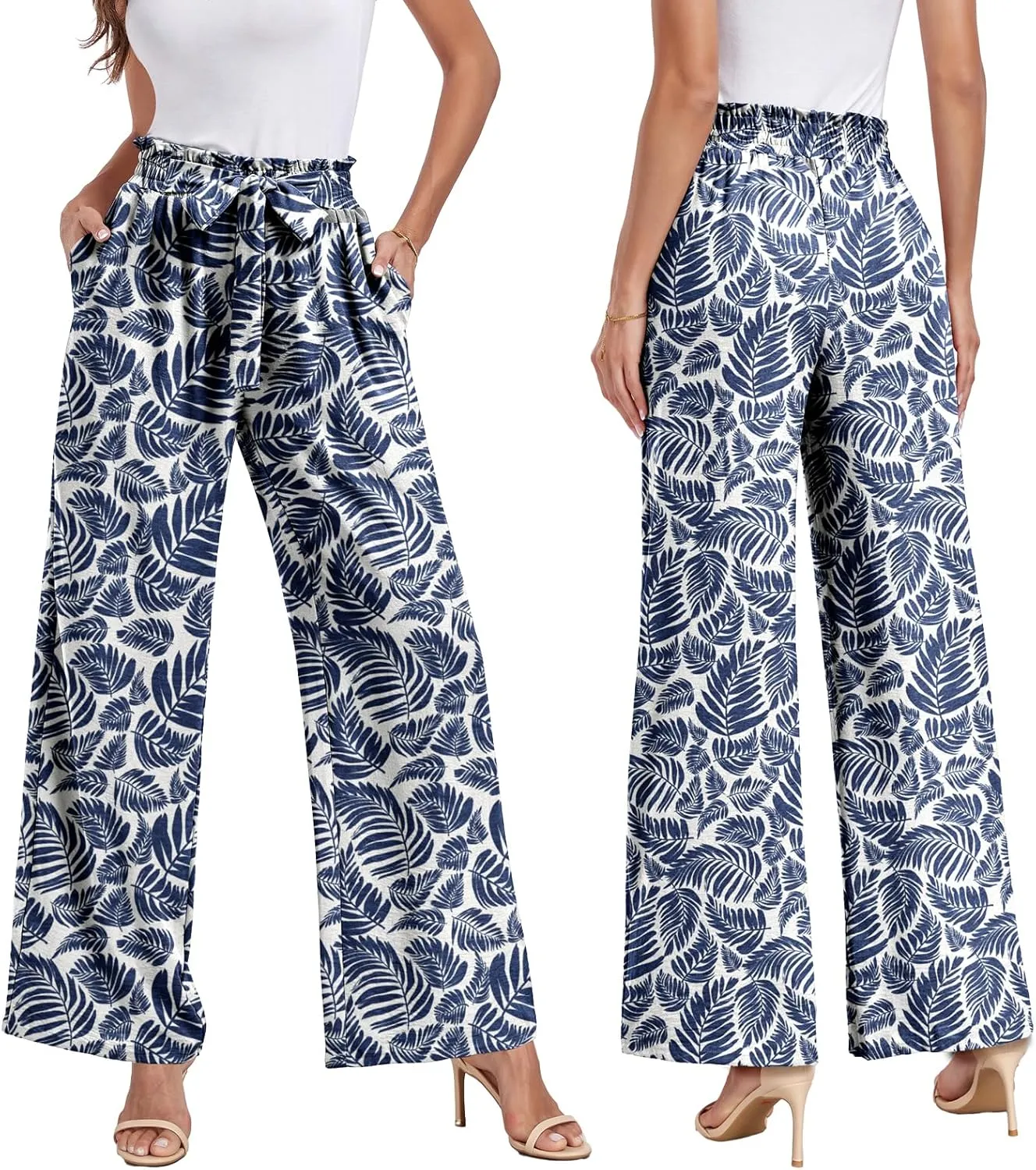Womens Wide Leg Pants High Waist Flowy Adjustable Knot Loose Trousers Casuals Lounge Business Pants with Pockets