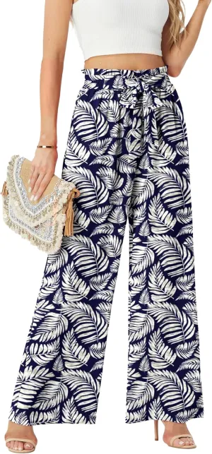 Womens Wide Leg Pants High Waist Flowy Adjustable Knot Loose Trousers Casuals Lounge Business Pants with Pockets