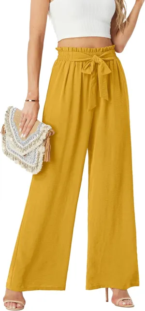 Womens Wide Leg Pants High Waist Flowy Adjustable Knot Loose Trousers Casuals Lounge Business Pants with Pockets