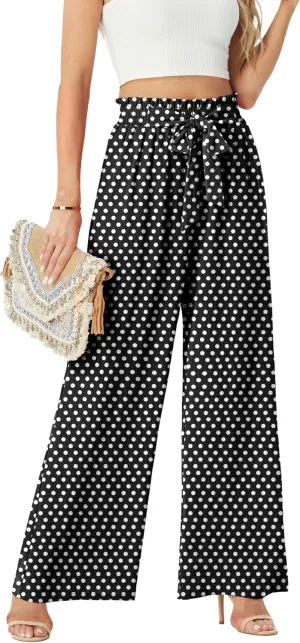 Womens Wide Leg Pants High Waist Flowy Adjustable Knot Loose Trousers Casuals Lounge Business Pants with Pockets