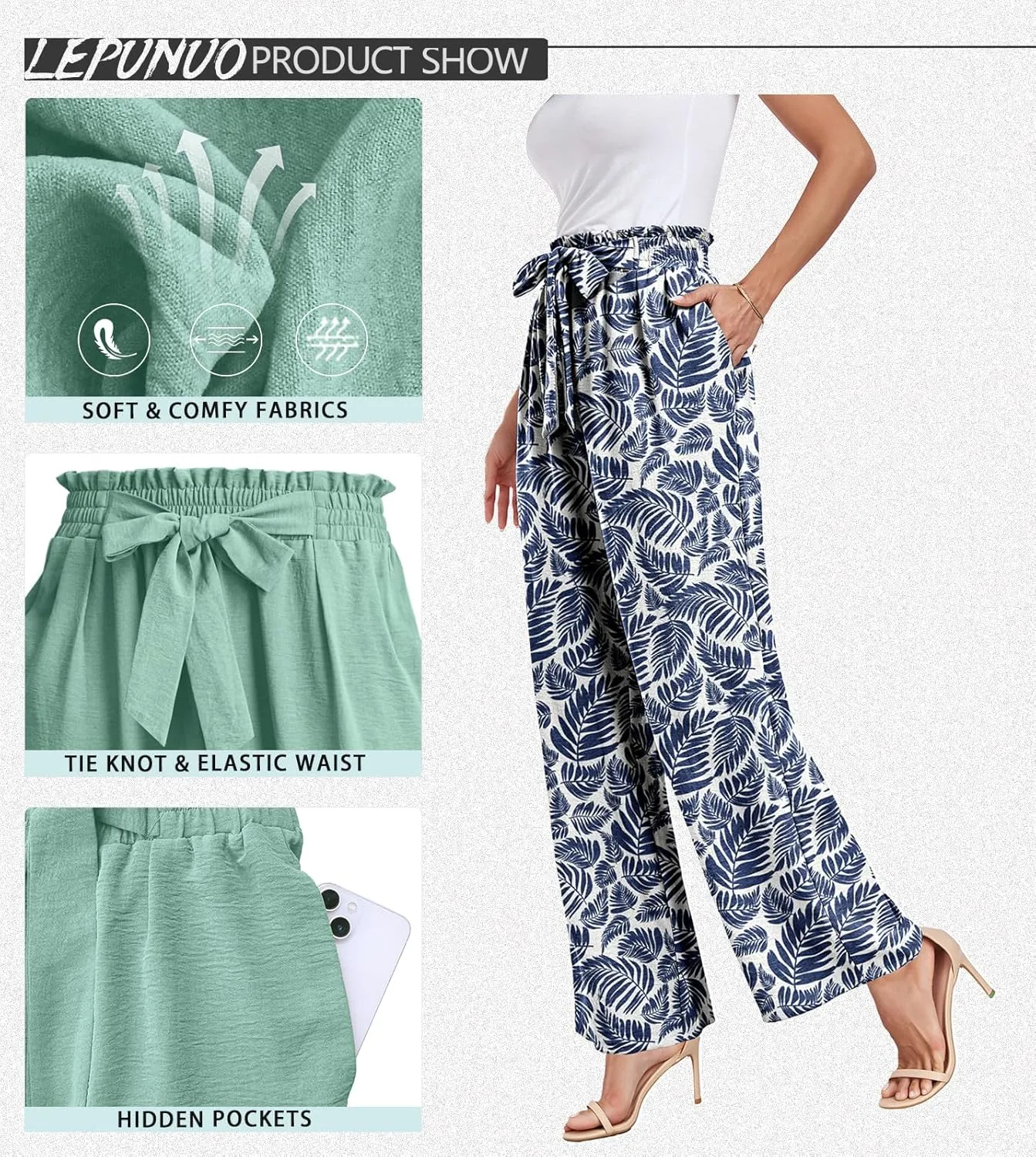 Womens Wide Leg Pants High Waist Flowy Adjustable Knot Loose Trousers Casuals Lounge Business Pants with Pockets