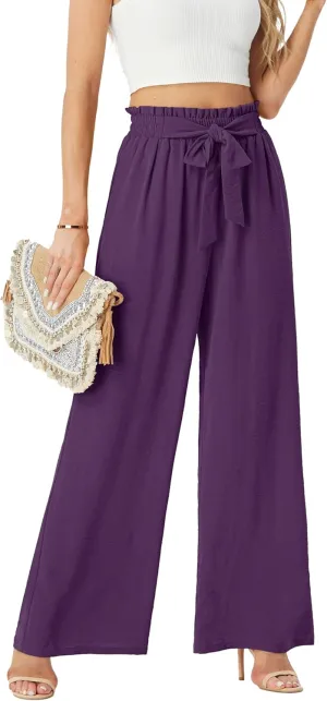 Womens Wide Leg Pants High Waist Flowy Adjustable Knot Loose Trousers Casuals Lounge Business Pants with Pockets