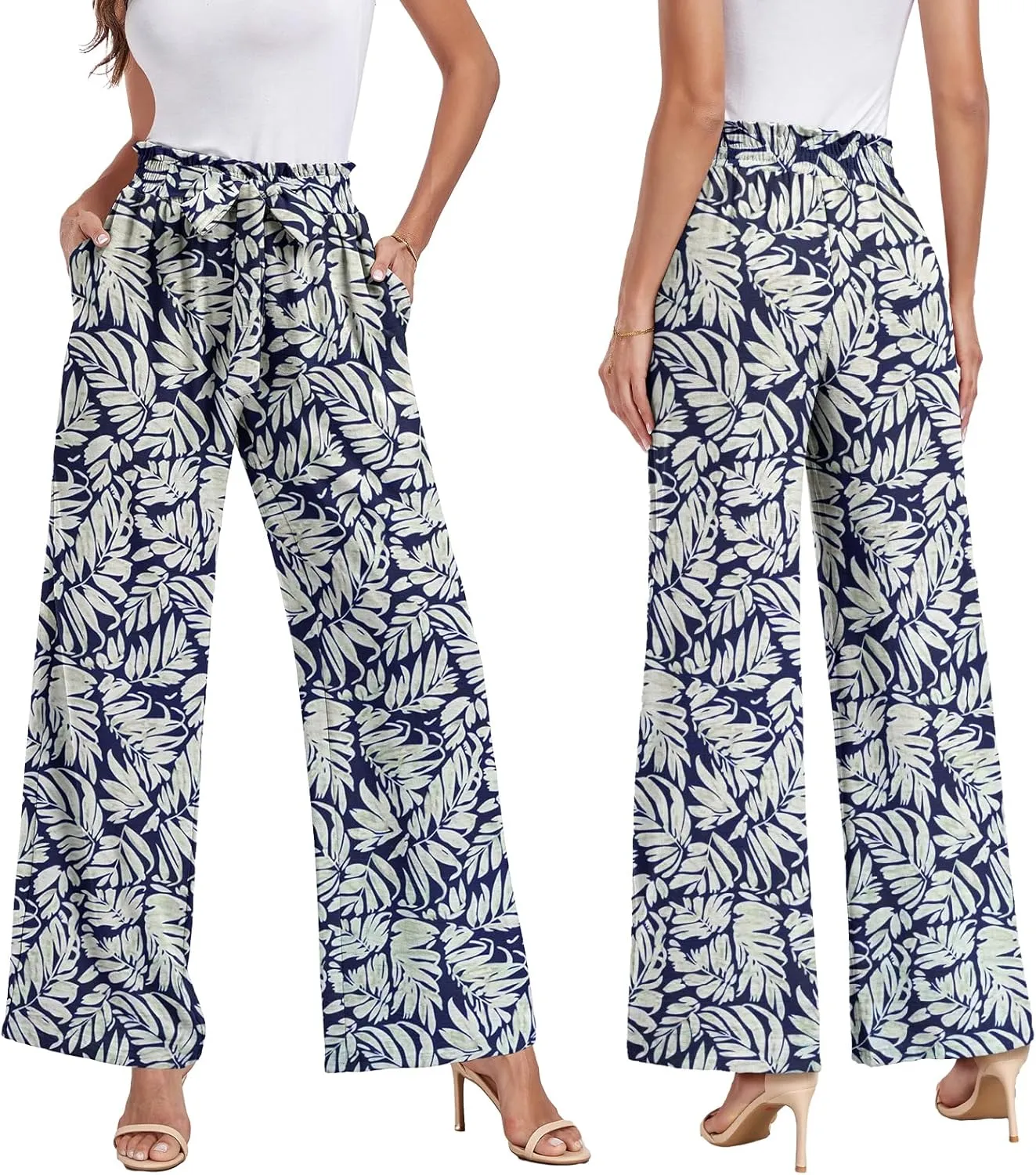 Womens Wide Leg Pants High Waist Flowy Adjustable Knot Loose Trousers Casuals Lounge Business Pants with Pockets