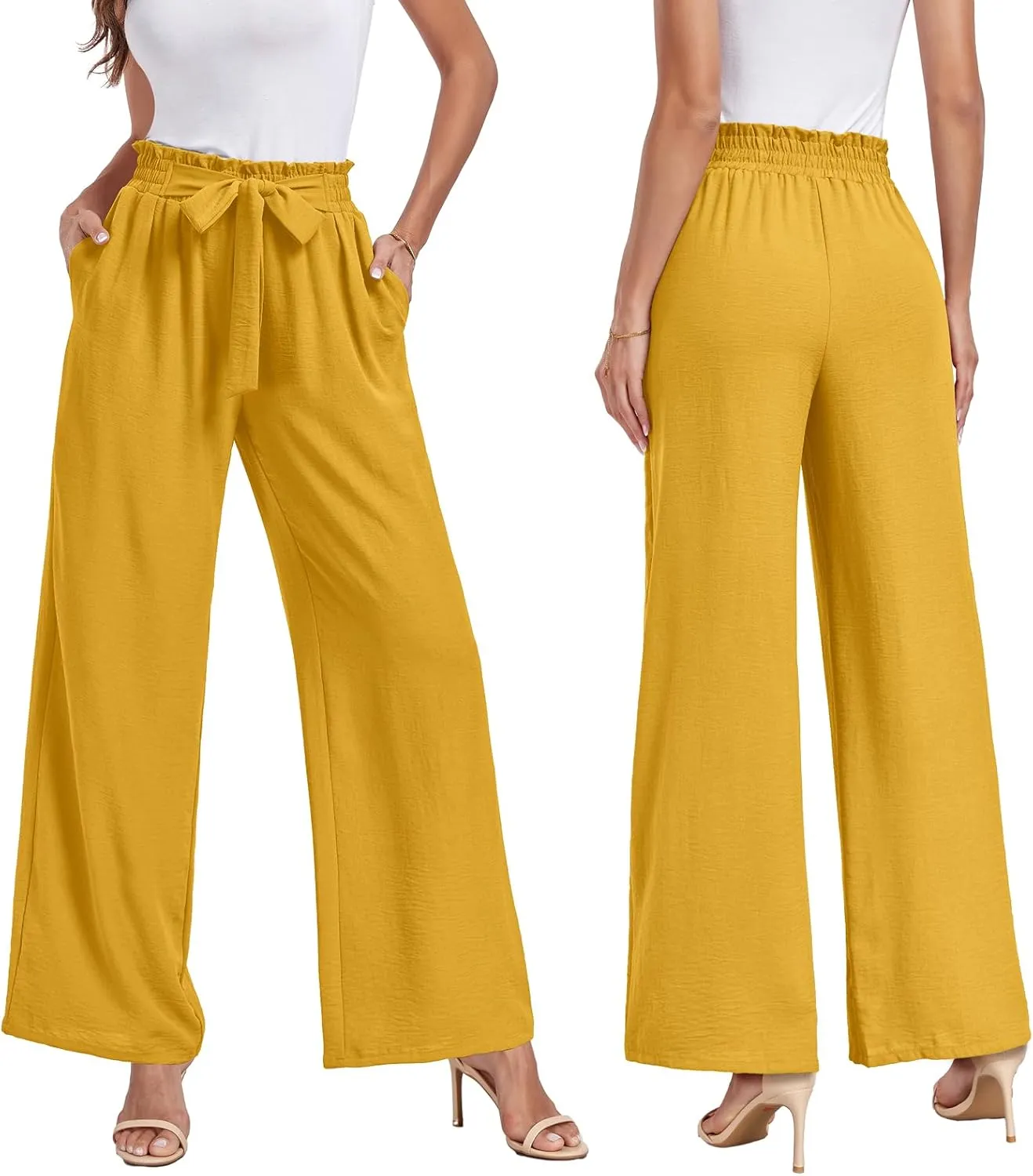 Womens Wide Leg Pants High Waist Flowy Adjustable Knot Loose Trousers Casuals Lounge Business Pants with Pockets