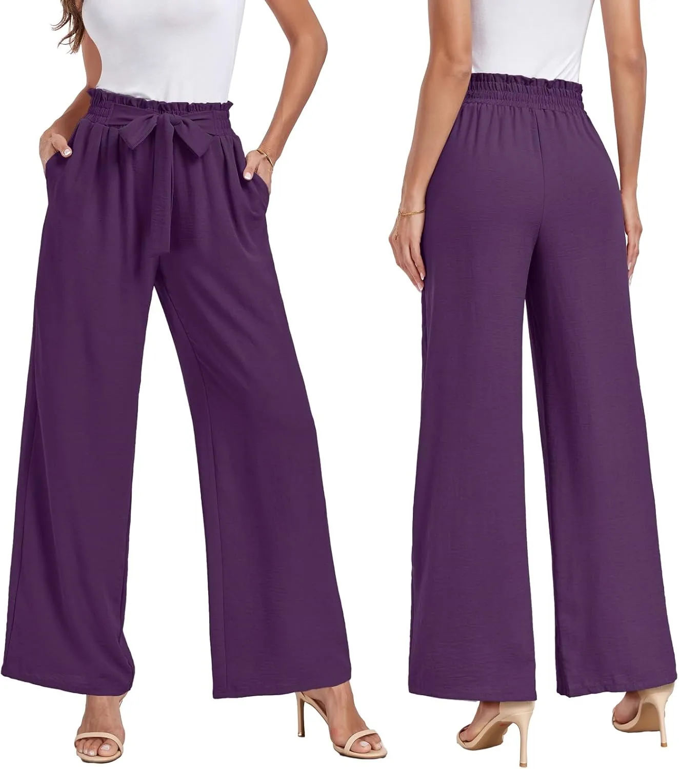 Womens Wide Leg Pants High Waist Flowy Adjustable Knot Loose Trousers Casuals Lounge Business Pants with Pockets