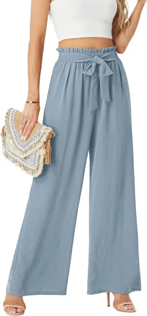 Womens Wide Leg Pants High Waist Flowy Adjustable Knot Loose Trousers Casuals Lounge Business Pants with Pockets