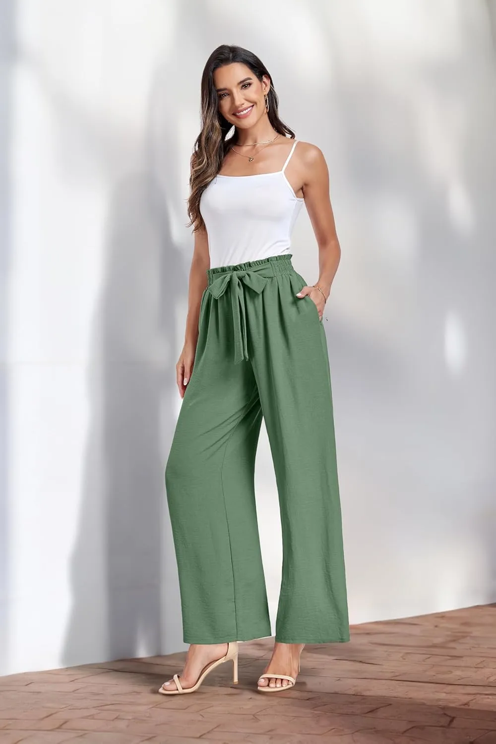 Womens Wide Leg Pants High Waist Flowy Adjustable Knot Loose Trousers Casuals Lounge Business Pants with Pockets