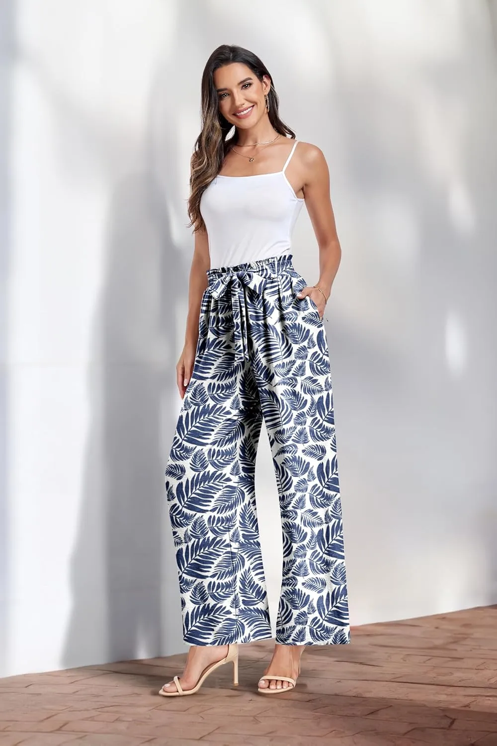 Womens Wide Leg Pants High Waist Flowy Adjustable Knot Loose Trousers Casuals Lounge Business Pants with Pockets