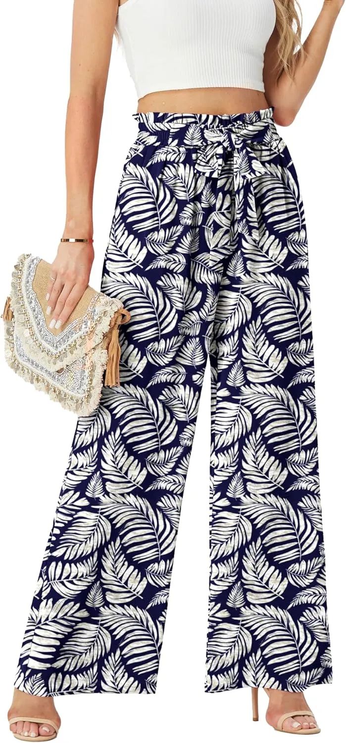 Womens Wide Leg Pants High Waist Flowy Adjustable Knot Loose Trousers Casuals Lounge Business Pants with Pockets