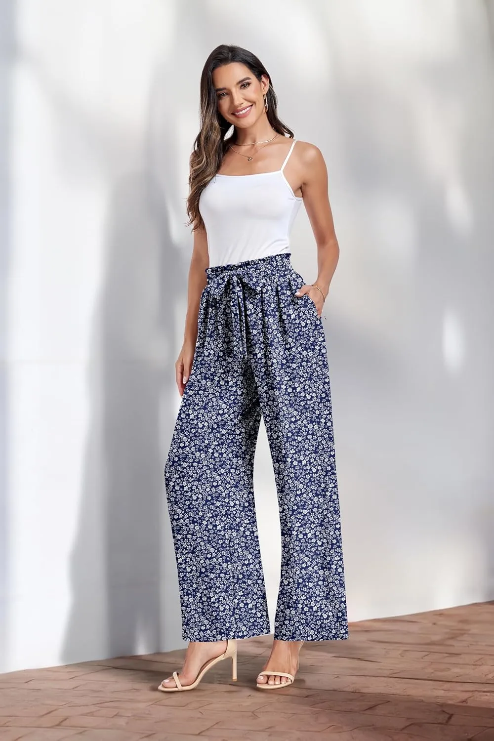 Womens Wide Leg Pants High Waist Flowy Adjustable Knot Loose Trousers Casuals Lounge Business Pants with Pockets
