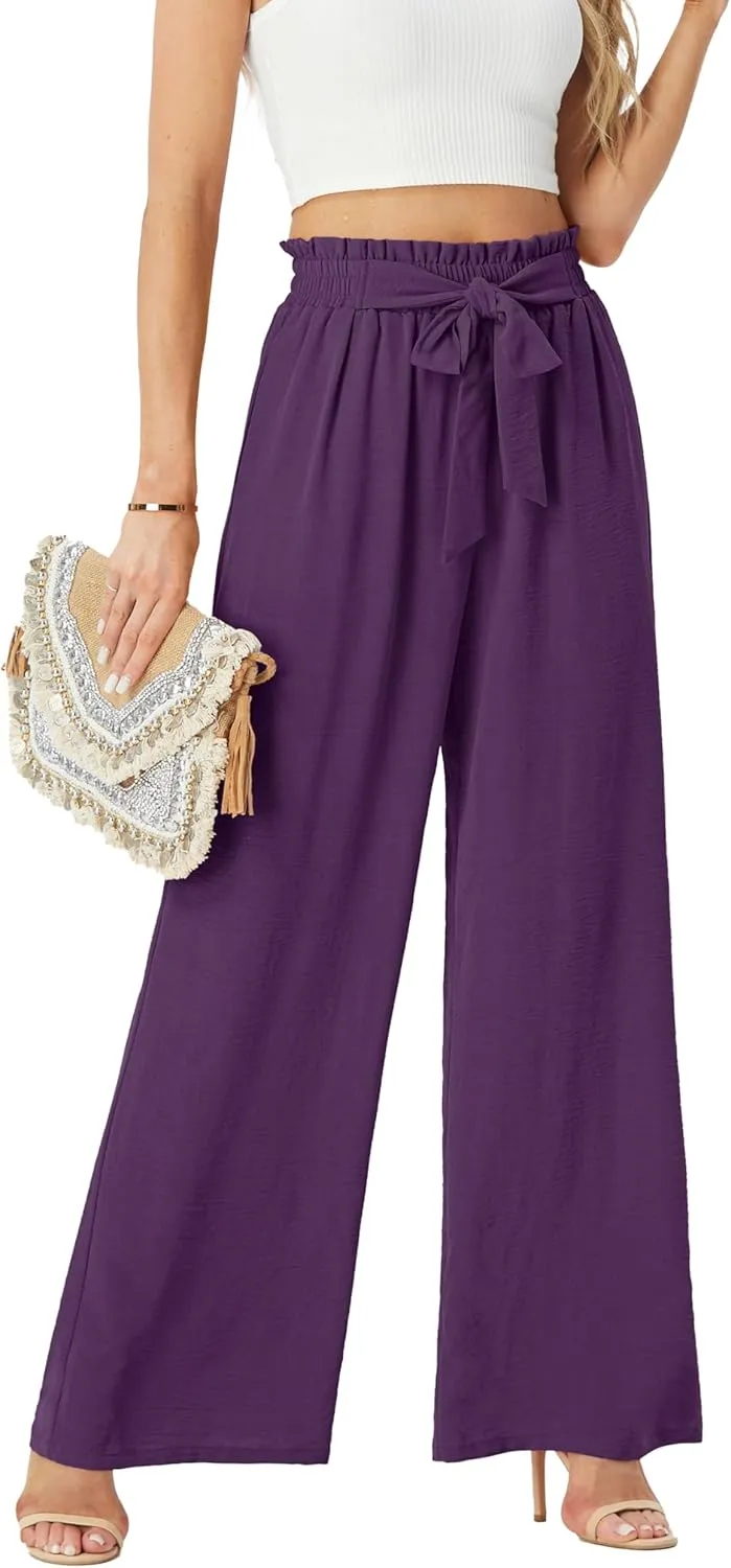Womens Wide Leg Pants High Waist Flowy Adjustable Knot Loose Trousers Casuals Lounge Business Pants with Pockets