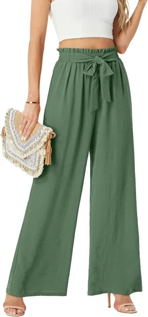 Womens Wide Leg Pants High Waist Flowy Adjustable Knot Loose Trousers Casuals Lounge Business Pants with Pockets