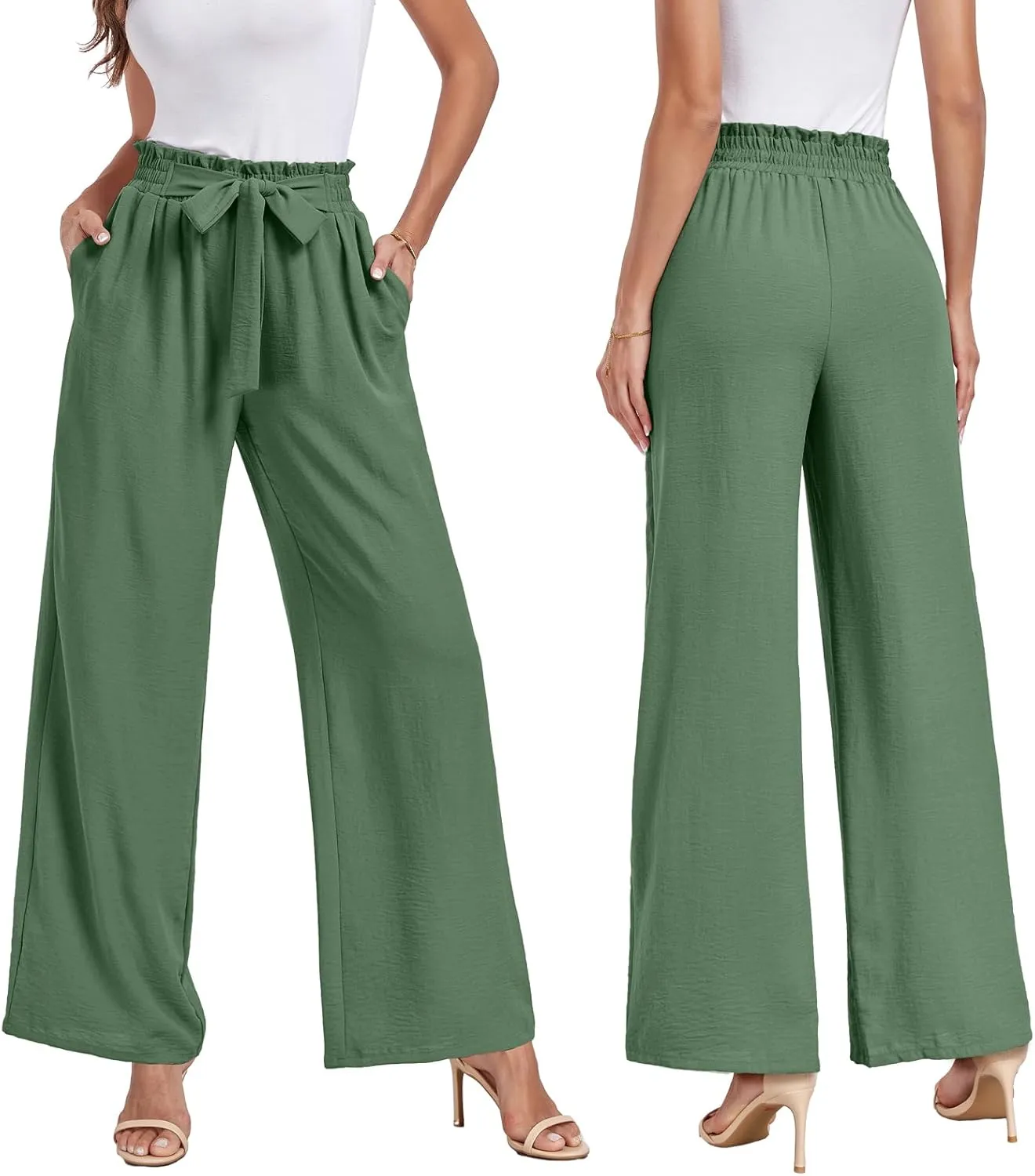 Womens Wide Leg Pants High Waist Flowy Adjustable Knot Loose Trousers Casuals Lounge Business Pants with Pockets