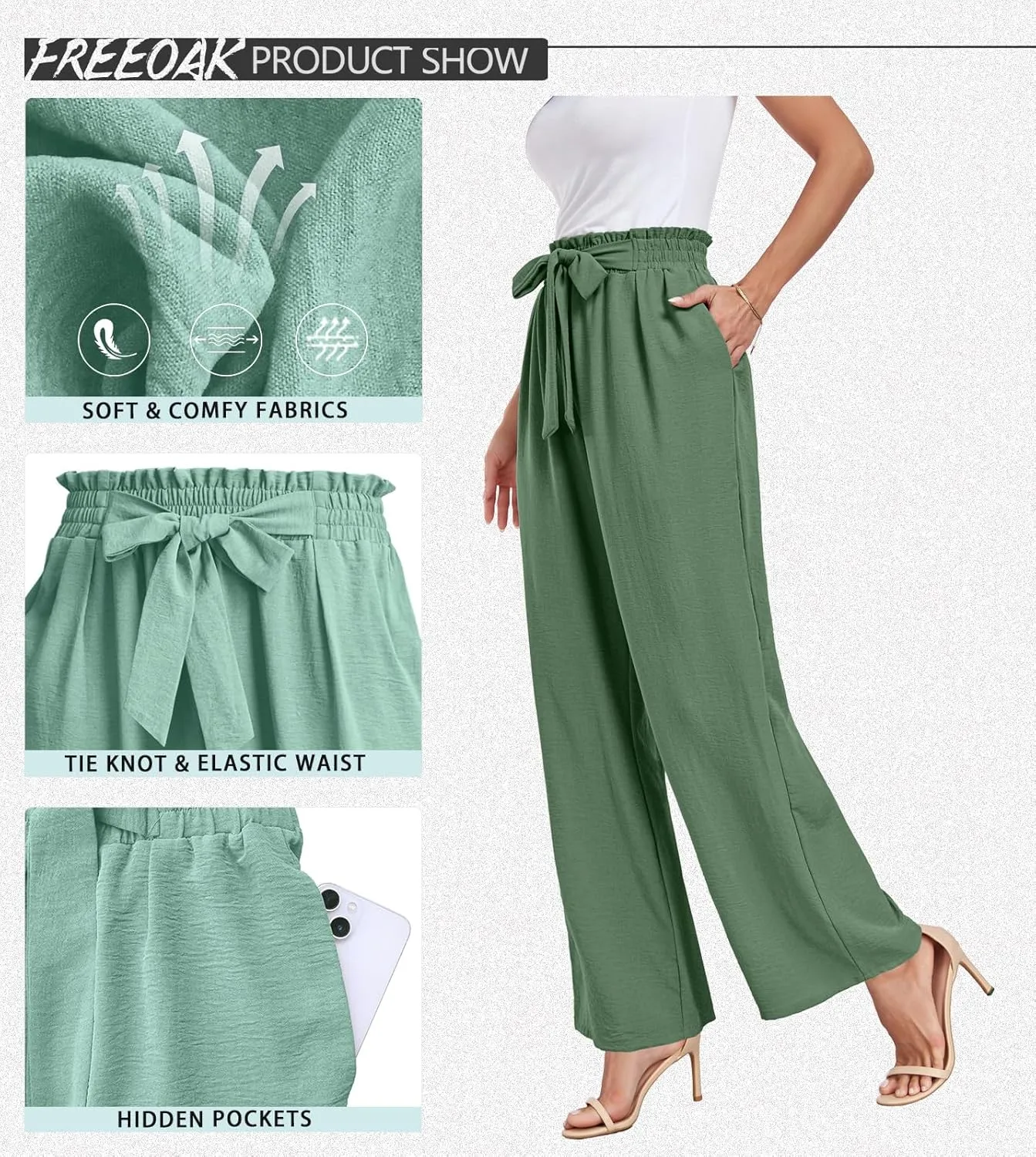 Womens Wide Leg Pants High Waist Flowy Adjustable Knot Loose Trousers Casuals Lounge Business Pants with Pockets