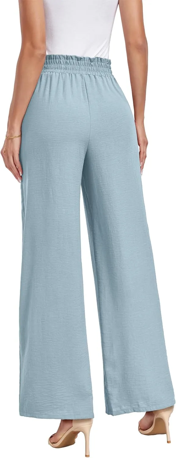 Womens Wide Leg Pants High Waist Flowy Adjustable Knot Loose Trousers Casuals Lounge Business Pants with Pockets