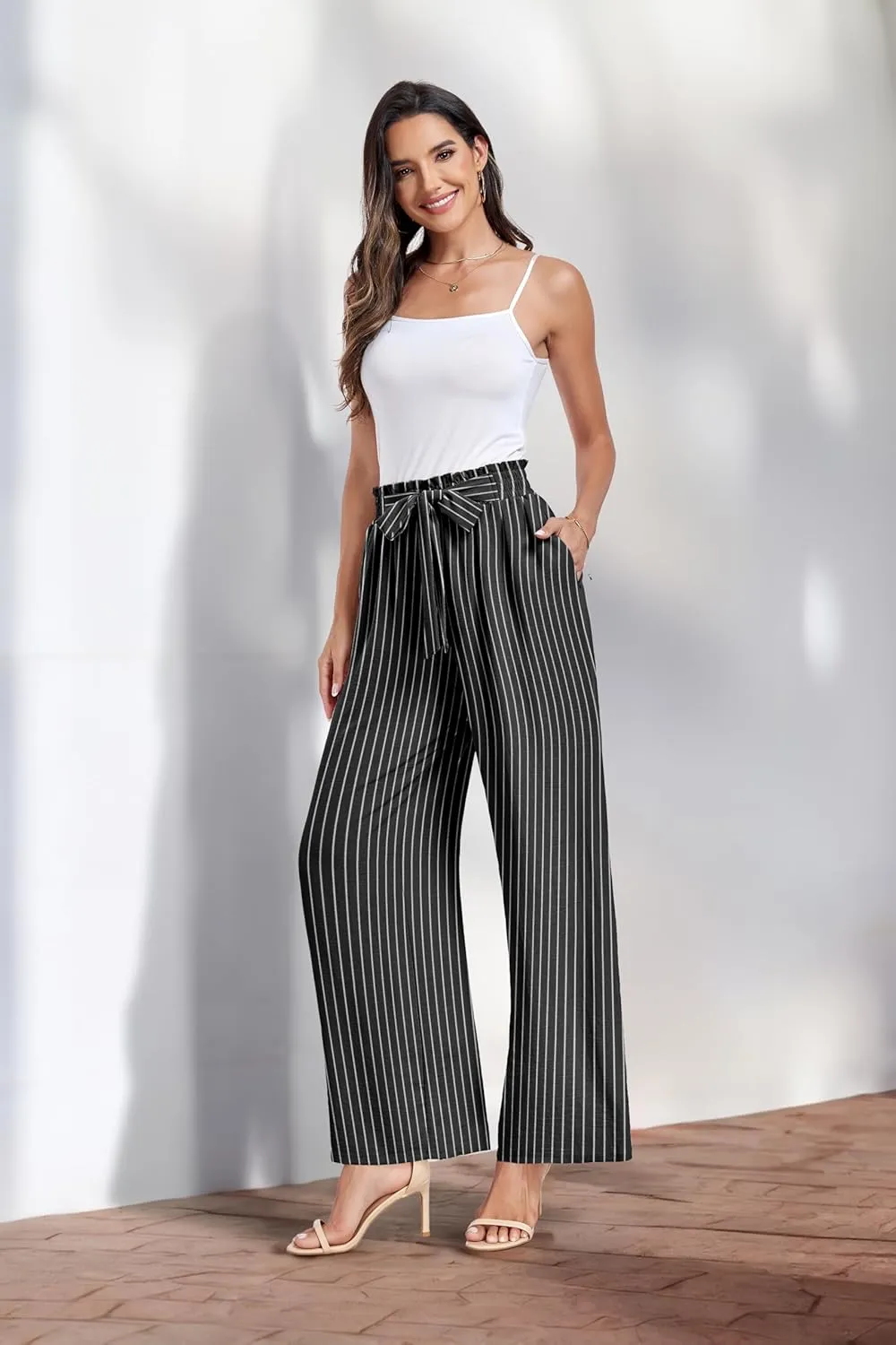 Womens Wide Leg Pants High Waist Flowy Adjustable Knot Loose Trousers Casuals Lounge Business Pants with Pockets