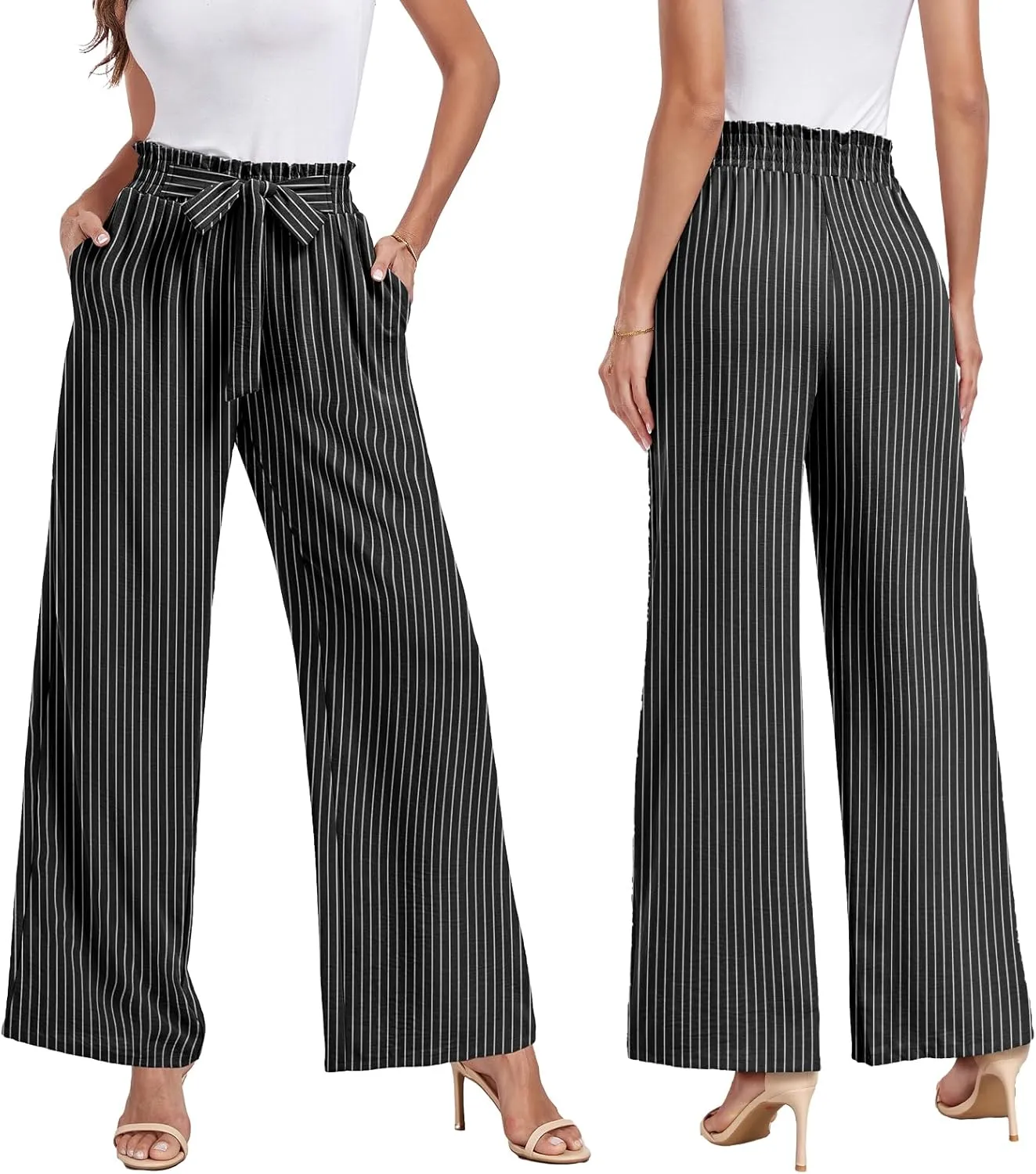 Womens Wide Leg Pants High Waist Flowy Adjustable Knot Loose Trousers Casuals Lounge Business Pants with Pockets