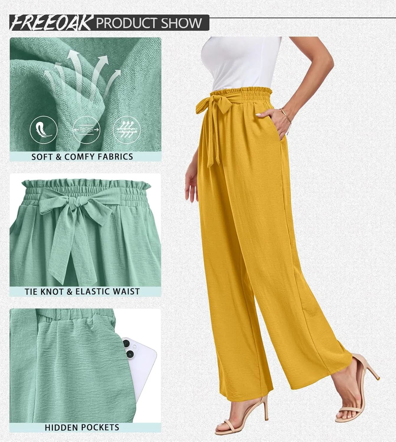 Womens Wide Leg Pants High Waist Flowy Adjustable Knot Loose Trousers Casuals Lounge Business Pants with Pockets