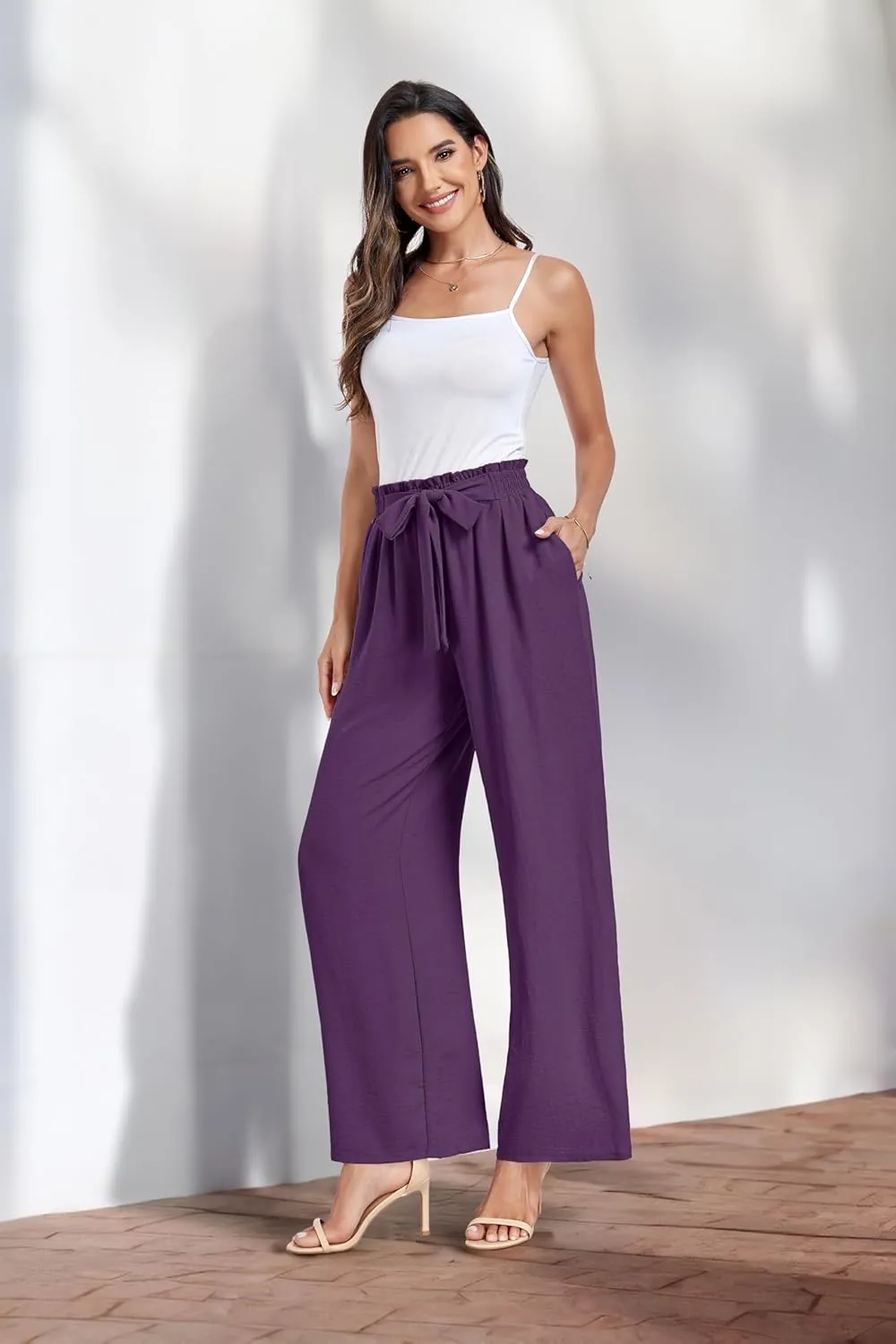 Womens Wide Leg Pants High Waist Flowy Adjustable Knot Loose Trousers Casuals Lounge Business Pants with Pockets