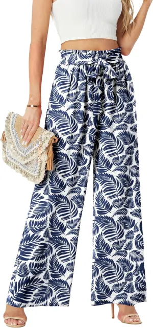 Womens Wide Leg Pants High Waist Flowy Adjustable Knot Loose Trousers Casuals Lounge Business Pants with Pockets