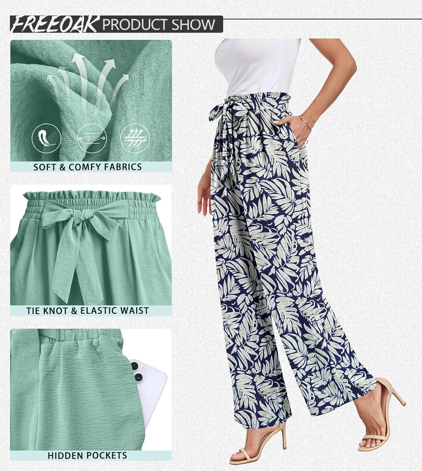 Womens Wide Leg Pants High Waist Flowy Adjustable Knot Loose Trousers Casuals Lounge Business Pants with Pockets