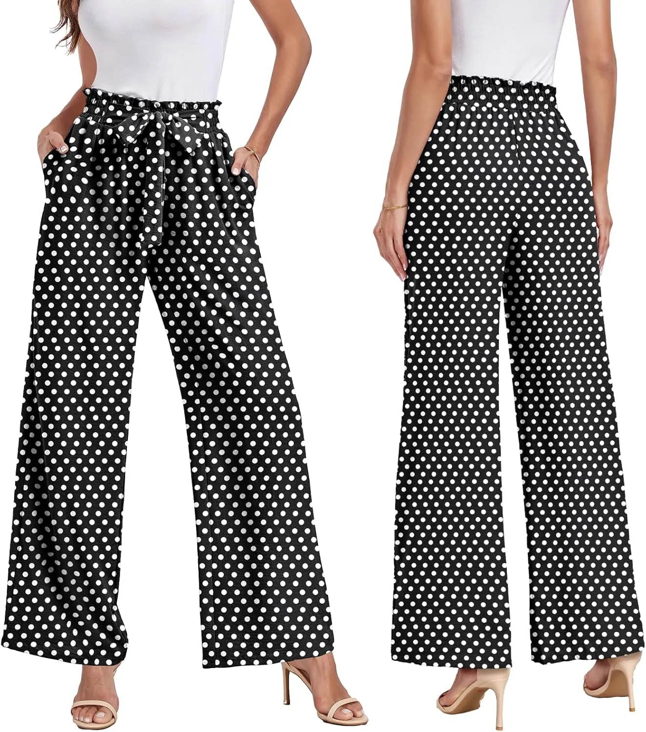 Womens Wide Leg Pants High Waist Flowy Adjustable Knot Loose Trousers Casuals Lounge Business Pants with Pockets