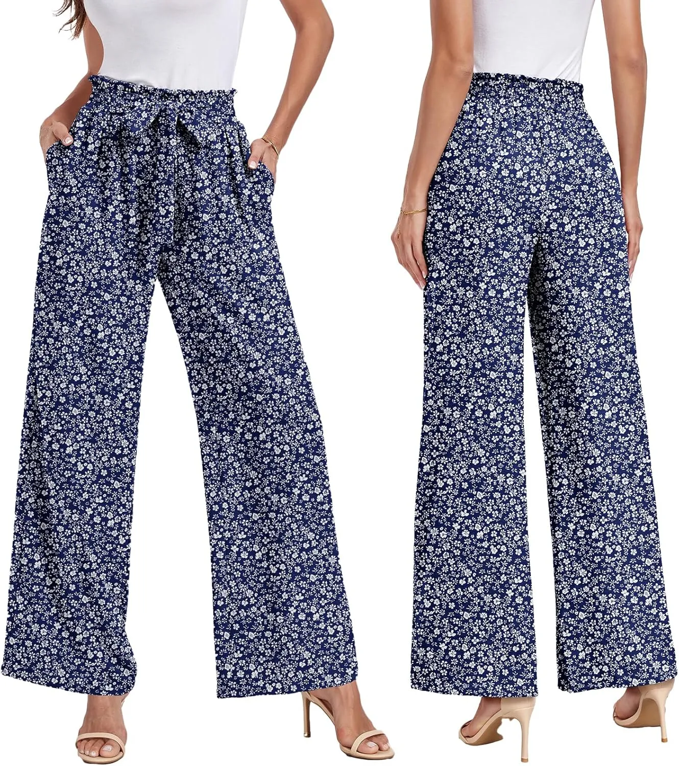 Womens Wide Leg Pants High Waist Flowy Adjustable Knot Loose Trousers Casuals Lounge Business Pants with Pockets