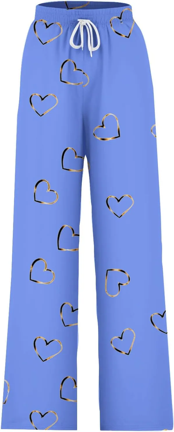 Women's Wide Leg Sweatpants 2024 Fall Casual High Waisted Pants Print Trendy Trousers for Women Drawstring Joggers