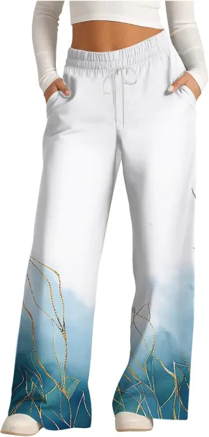 Women's Wide Leg Sweatpants 2024 Fall Casual High Waisted Pants Print Trendy Trousers for Women Drawstring Joggers