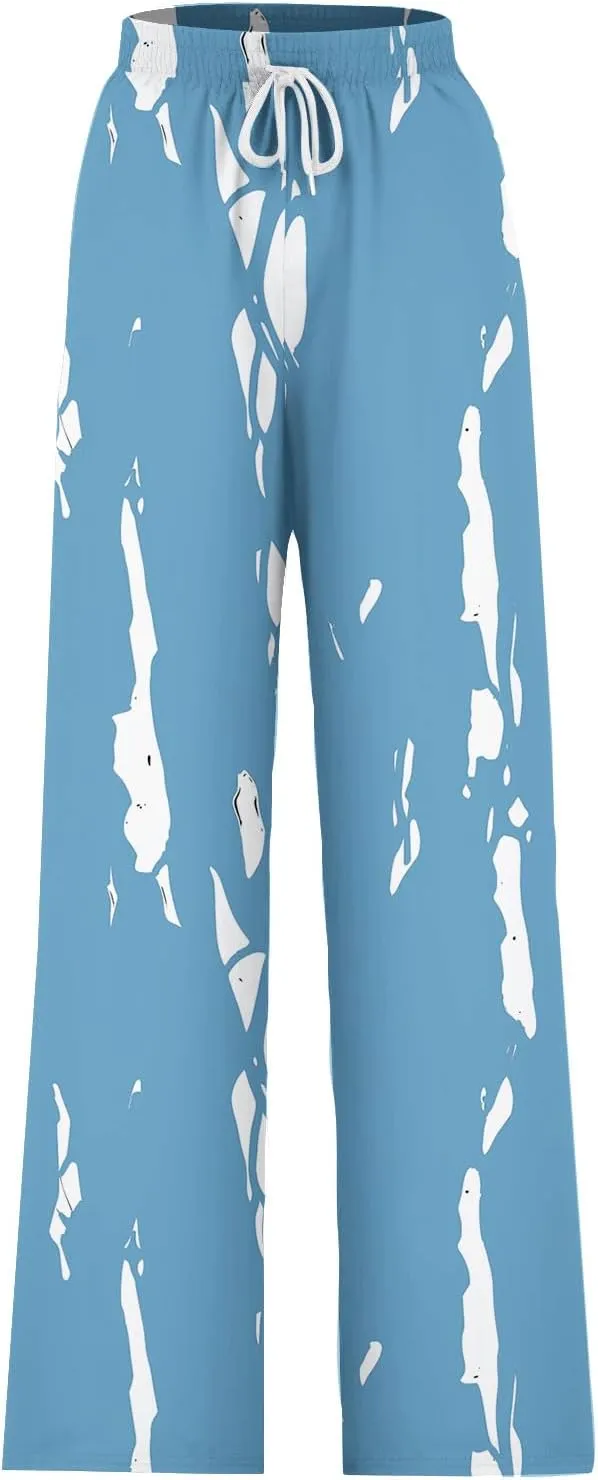 Women's Wide Leg Sweatpants 2024 Fall Casual High Waisted Pants Print Trendy Trousers for Women Drawstring Joggers
