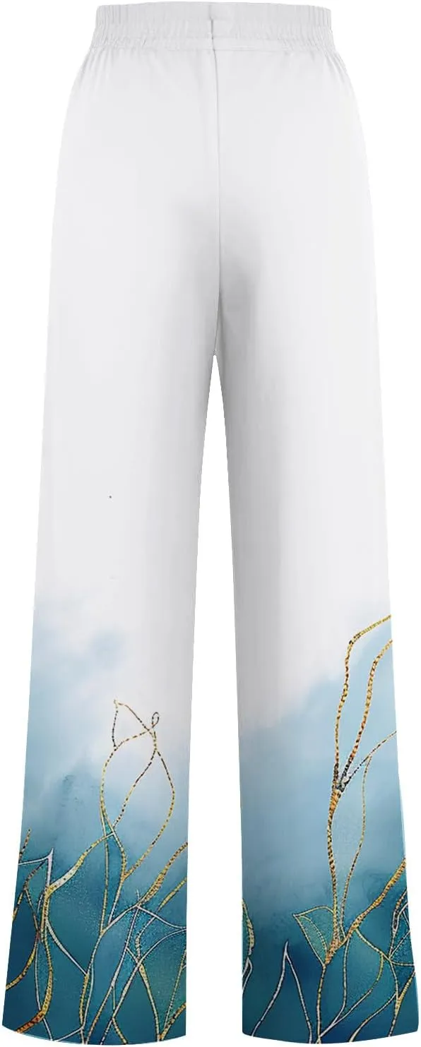 Women's Wide Leg Sweatpants 2024 Fall Casual High Waisted Pants Print Trendy Trousers for Women Drawstring Joggers