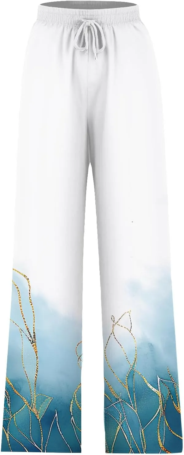 Women's Wide Leg Sweatpants 2024 Fall Casual High Waisted Pants Print Trendy Trousers for Women Drawstring Joggers