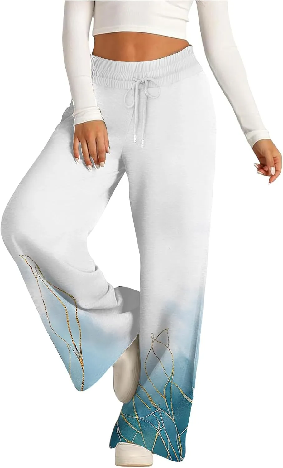Women's Wide Leg Sweatpants 2024 Fall Casual High Waisted Pants Print Trendy Trousers for Women Drawstring Joggers