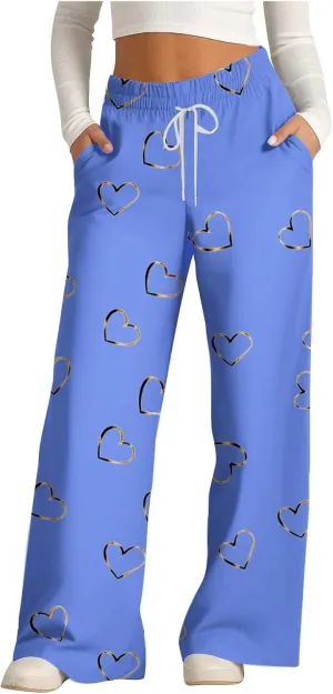 Women's Wide Leg Sweatpants 2024 Fall Casual High Waisted Pants Print Trendy Trousers for Women Drawstring Joggers