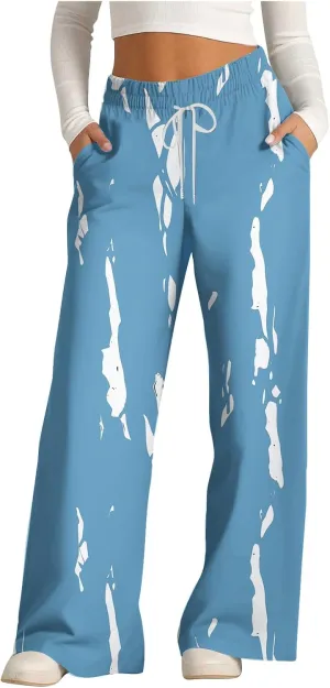 Women's Wide Leg Sweatpants 2024 Fall Casual High Waisted Pants Print Trendy Trousers for Women Drawstring Joggers