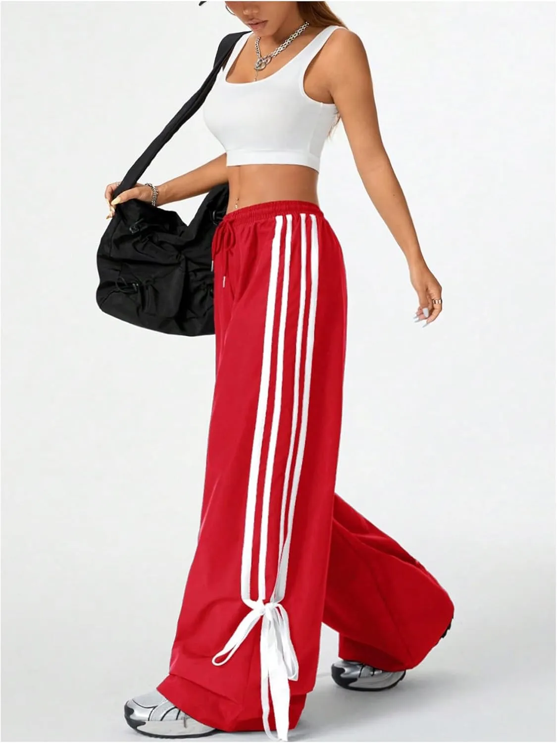 Women's Y2K Baggy Bow Wide Leg Pants Striped Track Elastic Waist Long Sweatpants Parachute Pants