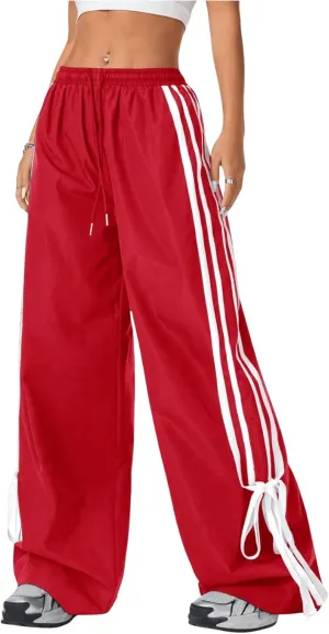 Women's Y2K Baggy Bow Wide Leg Pants Striped Track Elastic Waist Long Sweatpants Parachute Pants