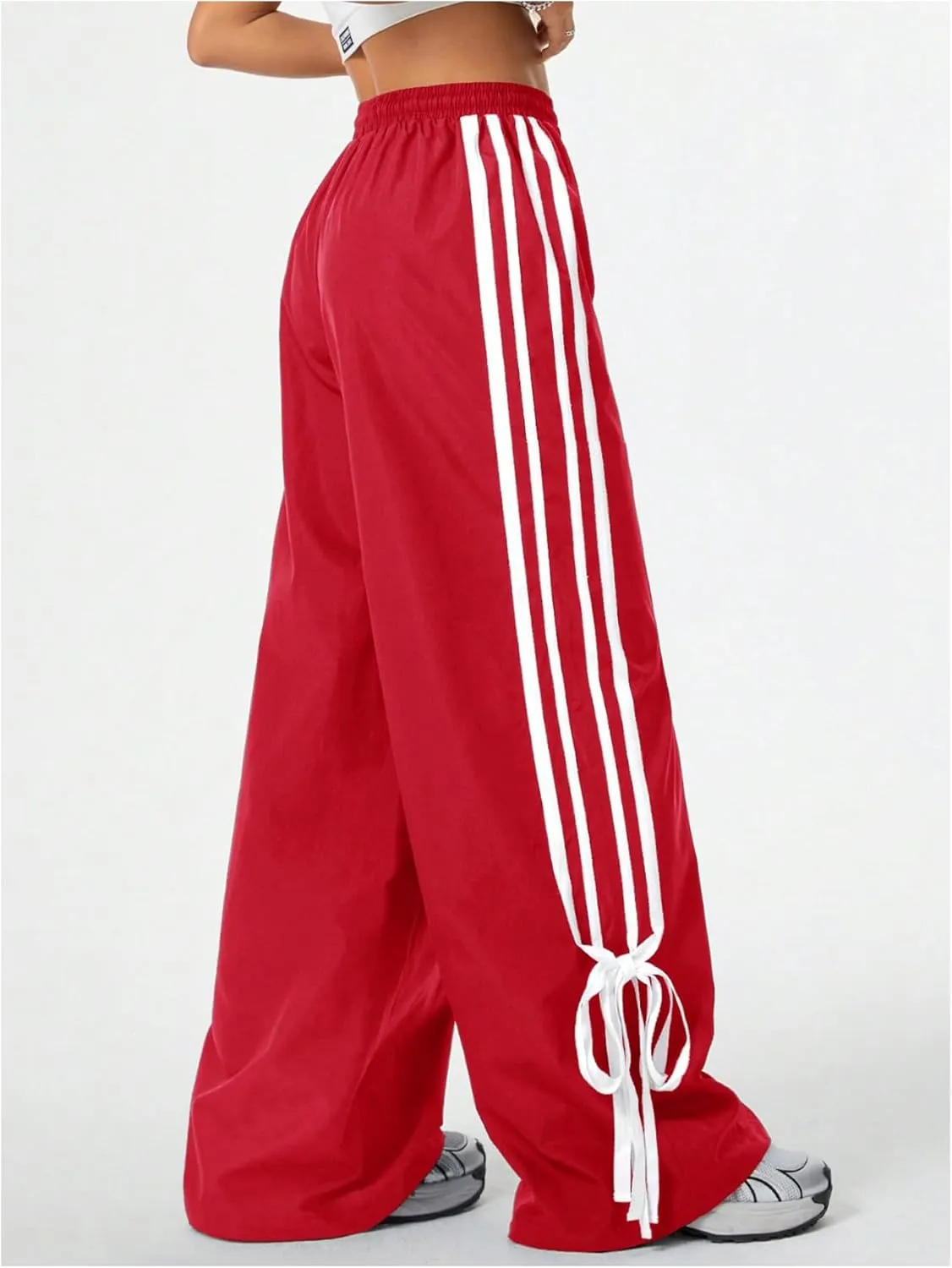 Women's Y2K Baggy Bow Wide Leg Pants Striped Track Elastic Waist Long Sweatpants Parachute Pants