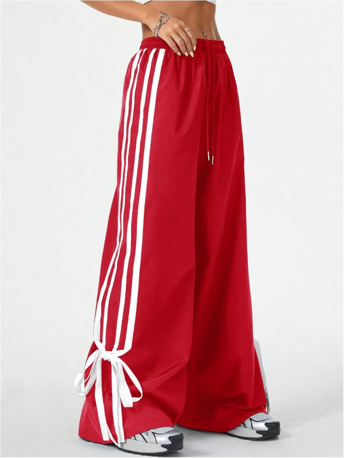 Women's Y2K Baggy Bow Wide Leg Pants Striped Track Elastic Waist Long Sweatpants Parachute Pants