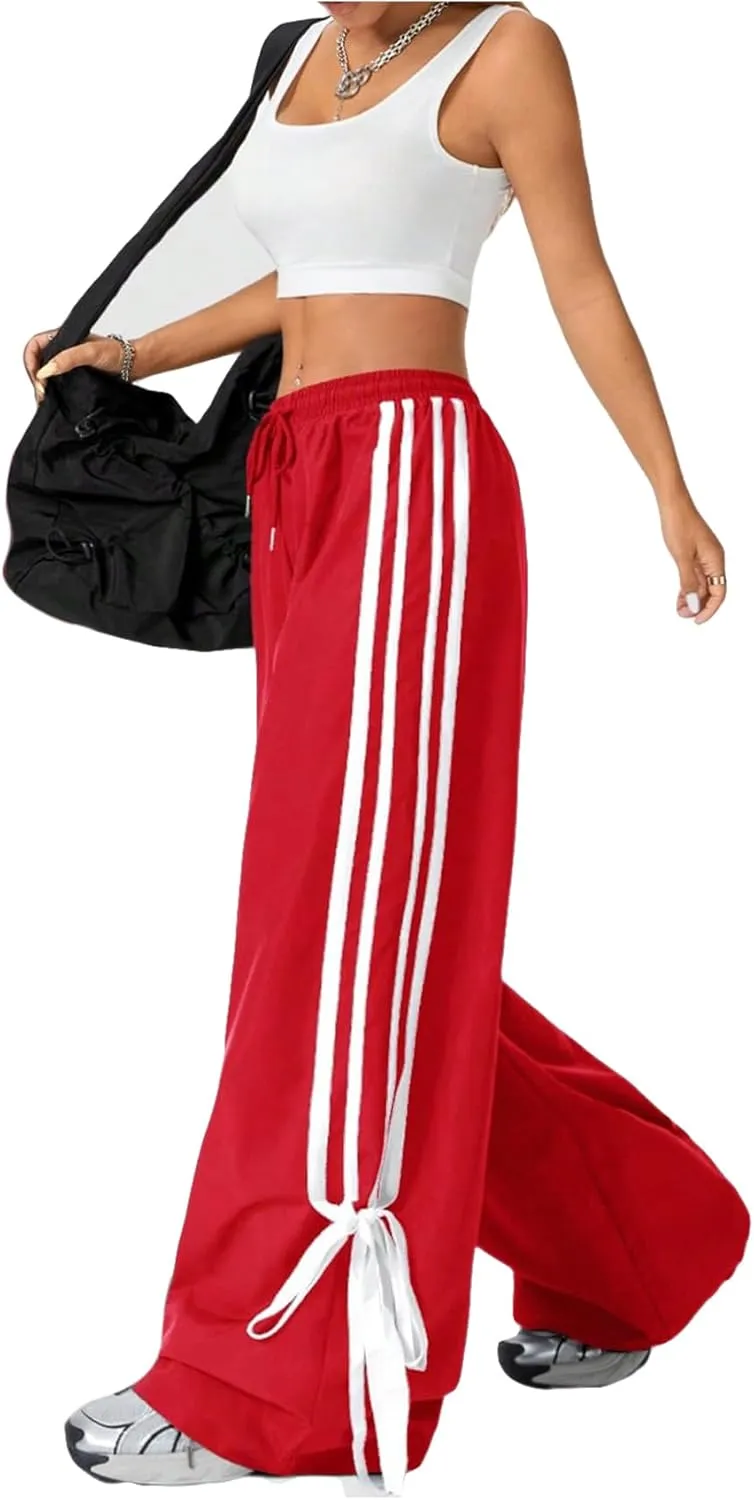 Women's Y2K Baggy Bow Wide Leg Pants Striped Track Elastic Waist Long Sweatpants Parachute Pants