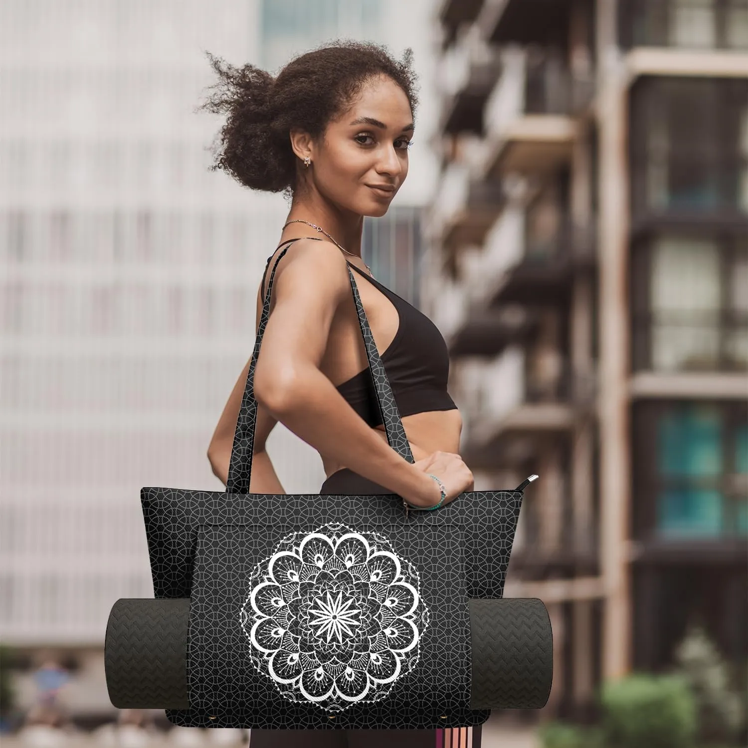 Women's Yoga Bag with Yoga Mat Carrier - Large Mat Pocket Fitness Tote for Pilates, Gym, Travel, Office & Beach