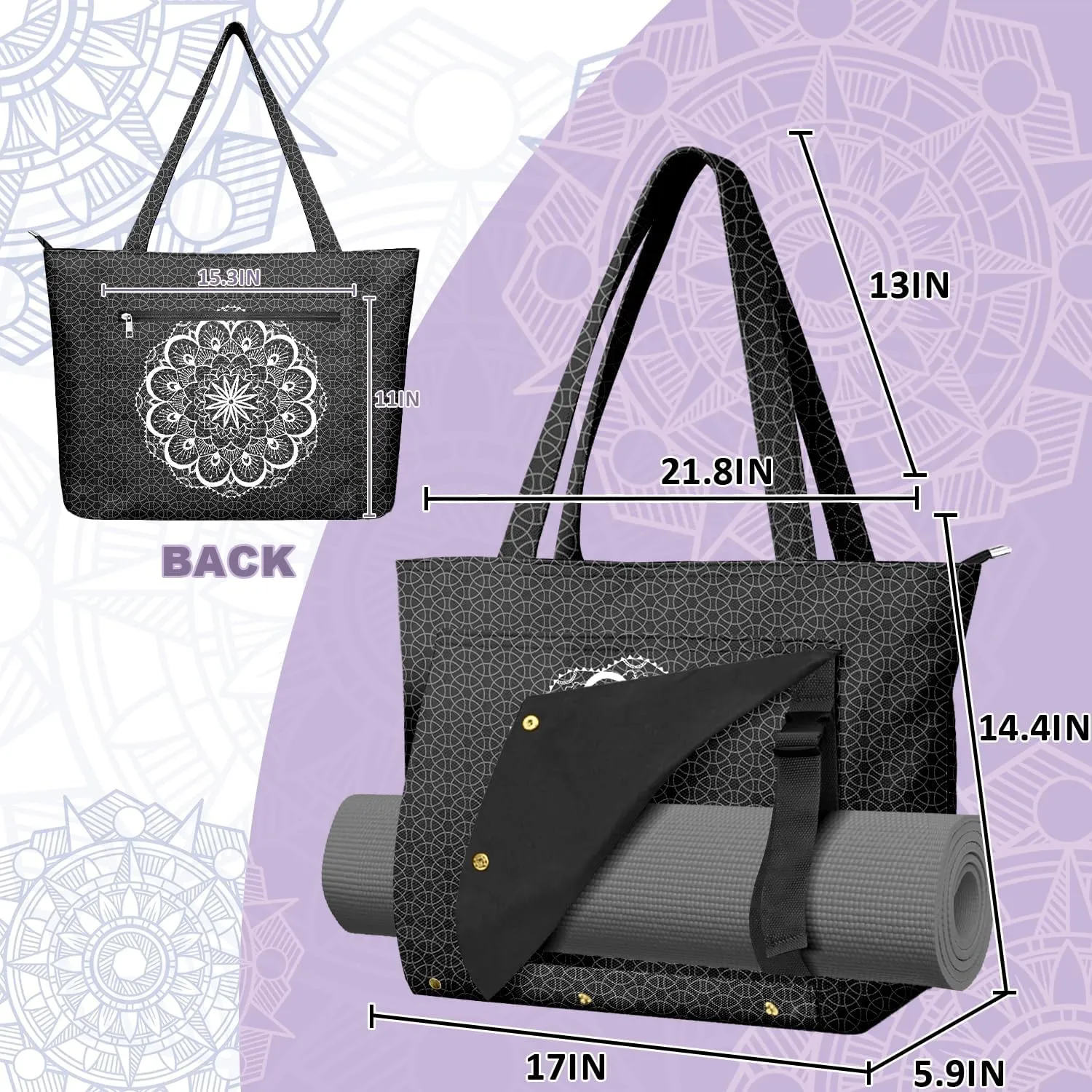 Women's Yoga Bag with Yoga Mat Carrier - Large Mat Pocket Fitness Tote for Pilates, Gym, Travel, Office & Beach