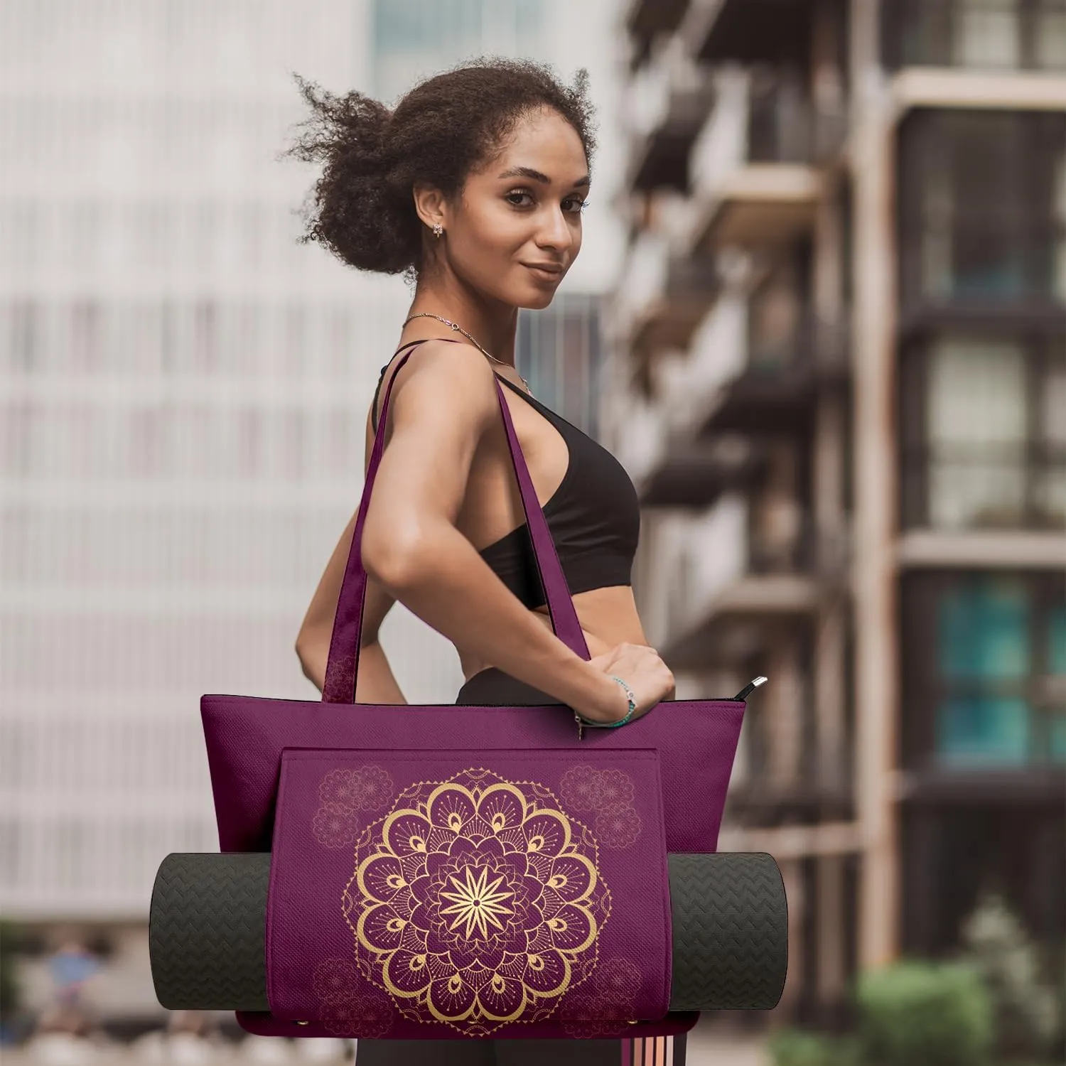 Women's Yoga Bag with Yoga Mat Carrier - Large Mat Pocket Fitness Tote for Pilates, Gym, Travel, Office & Beach