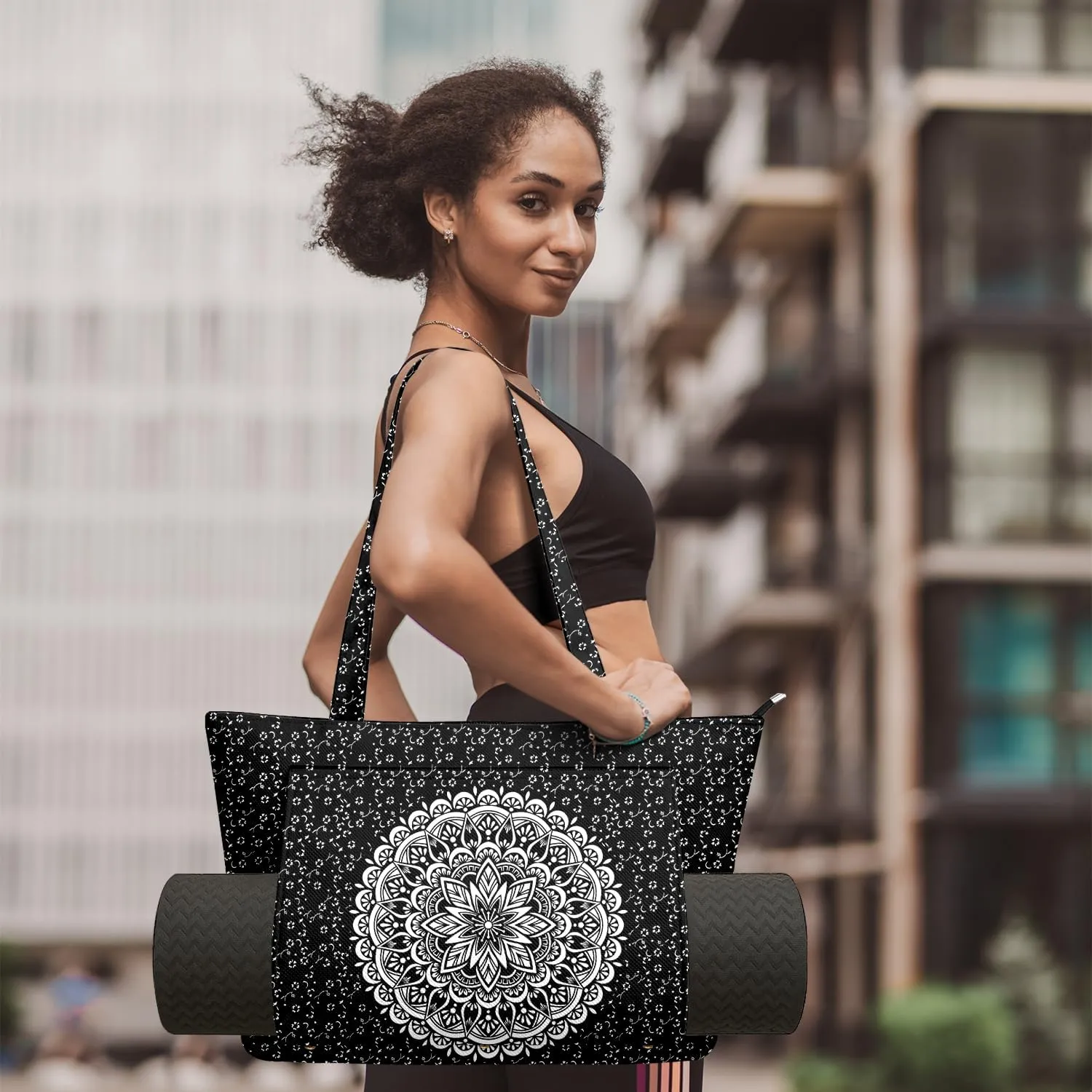 Women's Yoga Bag with Yoga Mat Carrier - Large Mat Pocket Fitness Tote for Pilates, Gym, Travel, Office & Beach