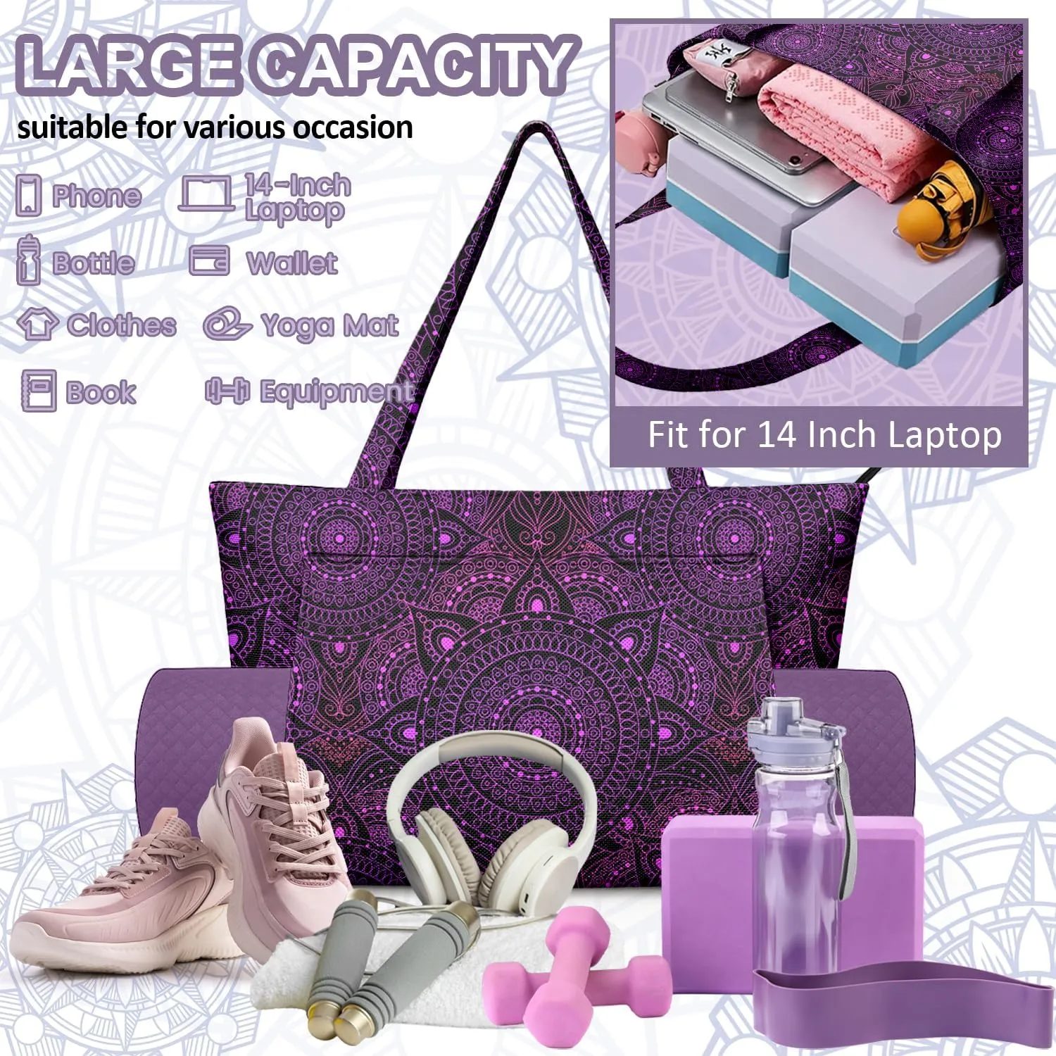 Women's Yoga Bag with Yoga Mat Carrier - Large Mat Pocket Fitness Tote for Pilates, Gym, Travel, Office & Beach