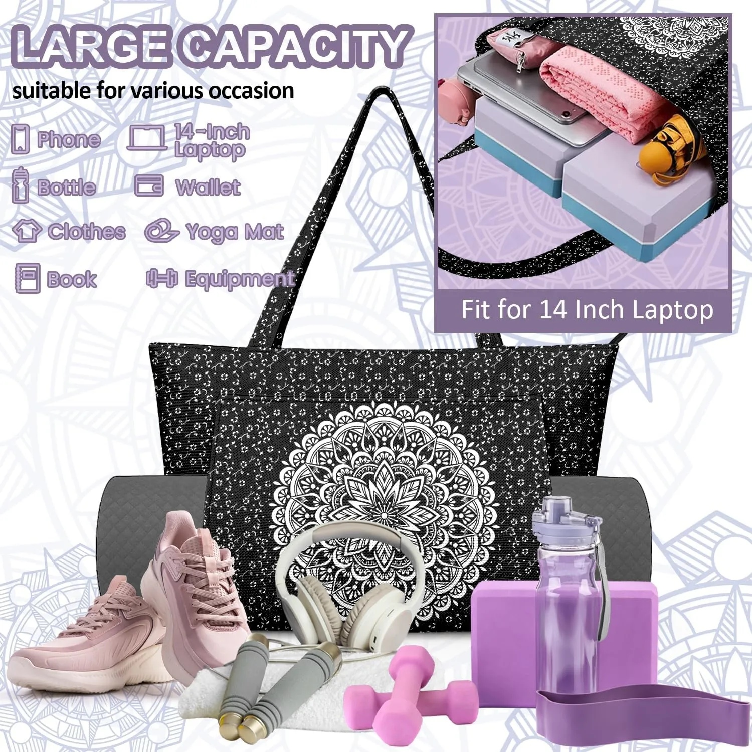 Women's Yoga Bag with Yoga Mat Carrier - Large Mat Pocket Fitness Tote for Pilates, Gym, Travel, Office & Beach