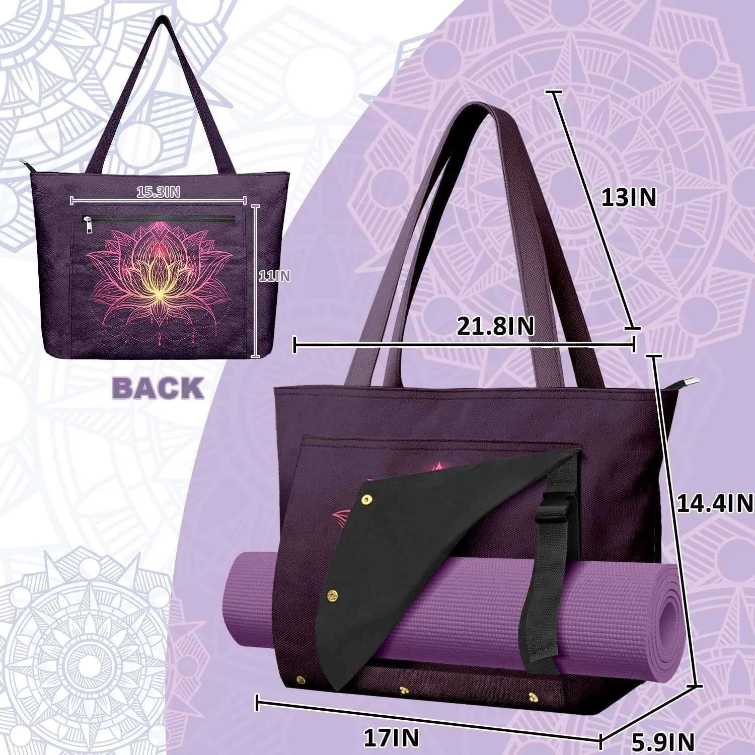Women's Yoga Bag with Yoga Mat Carrier - Large Mat Pocket Fitness Tote for Pilates, Gym, Travel, Office & Beach