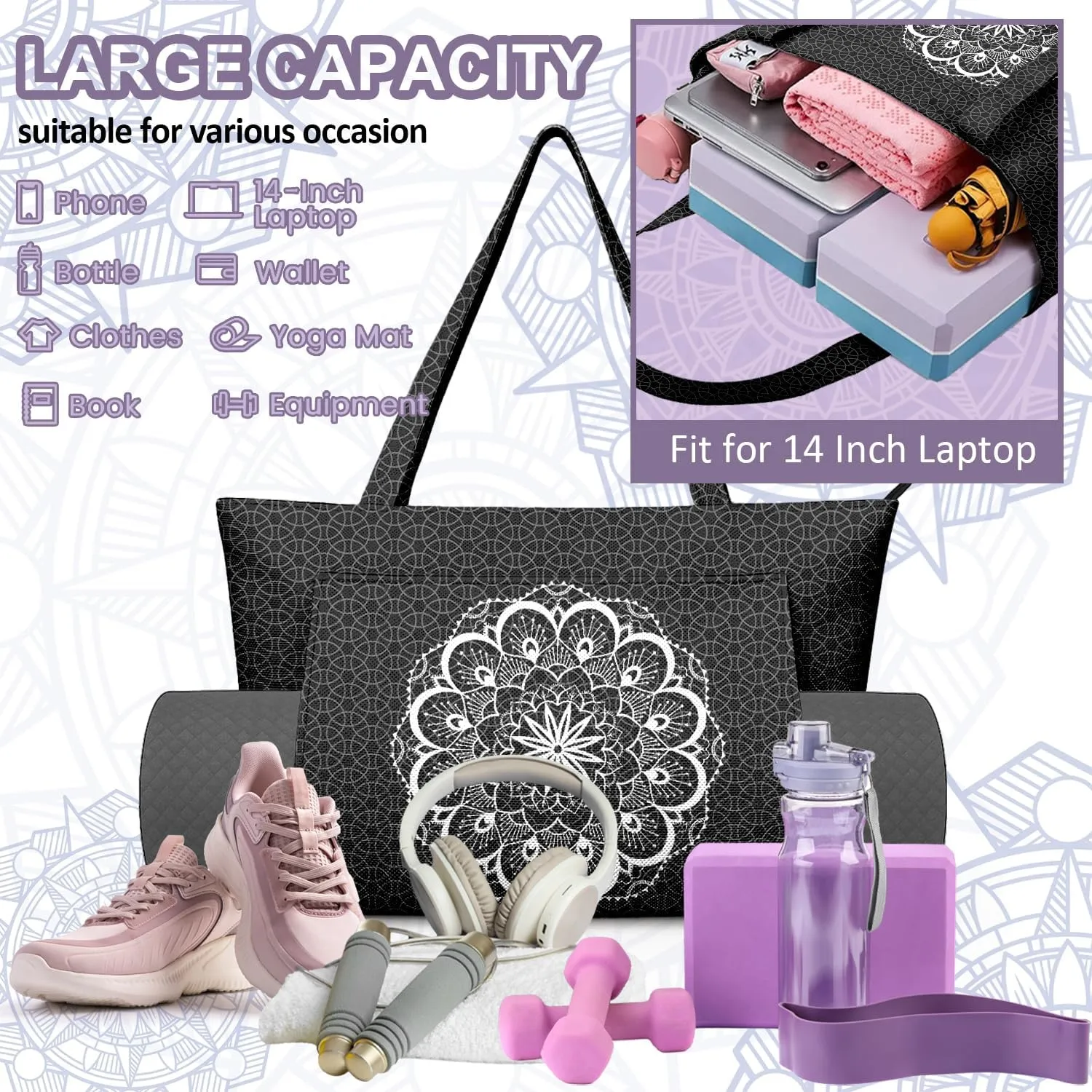 Women's Yoga Bag with Yoga Mat Carrier - Large Mat Pocket Fitness Tote for Pilates, Gym, Travel, Office & Beach